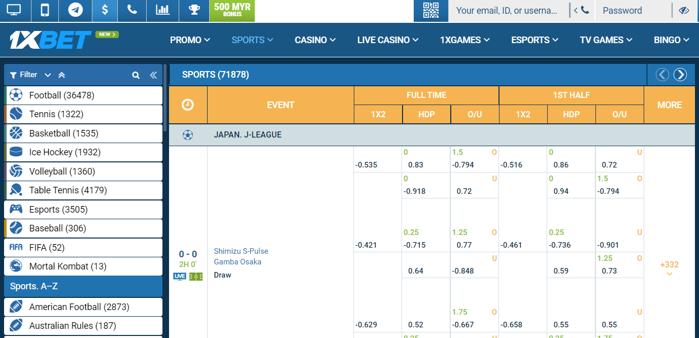 1xbet betting site - live event betting page screen