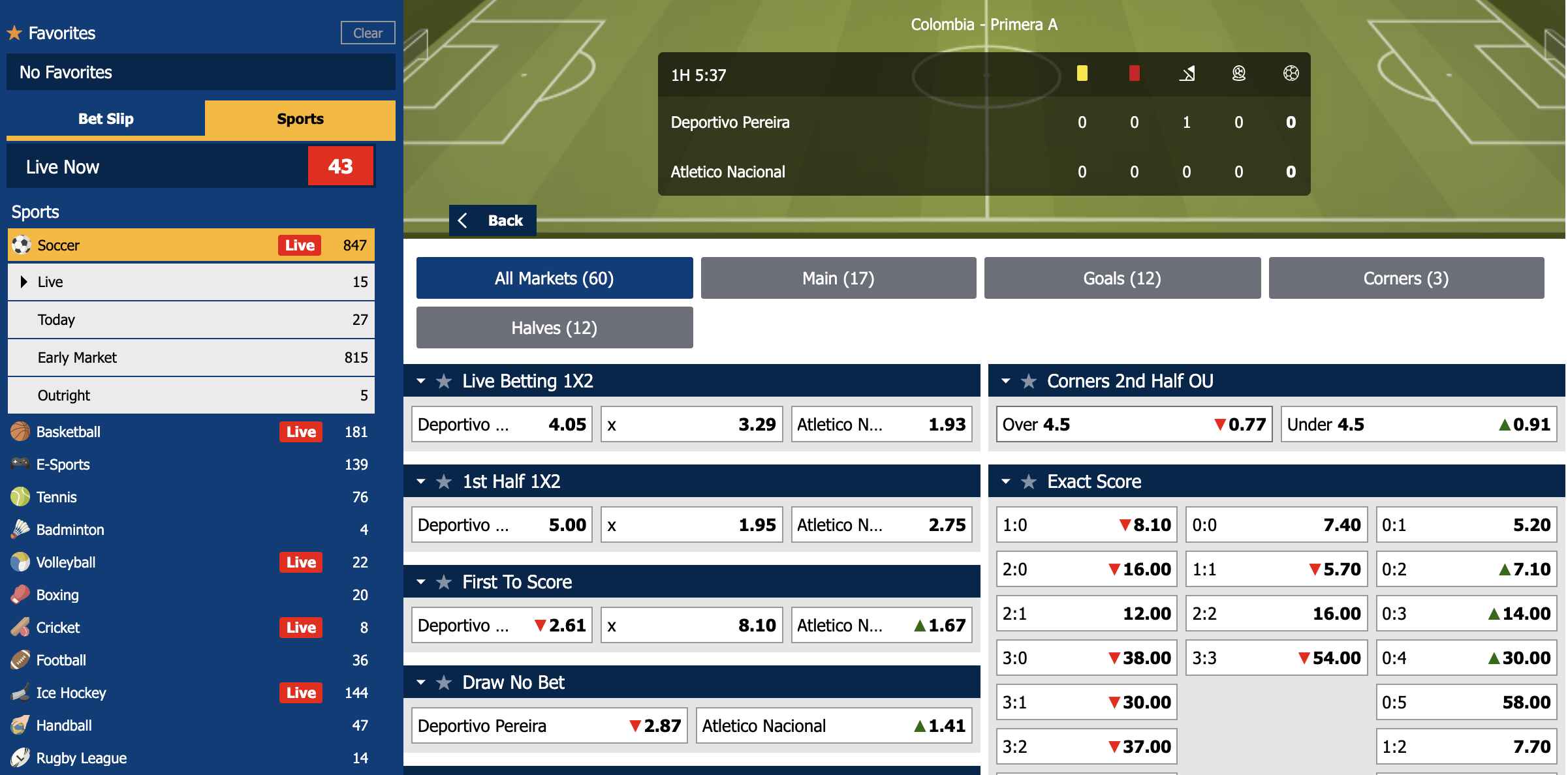 BK8 sportsbook Mlaysia - in-play football betting page screen