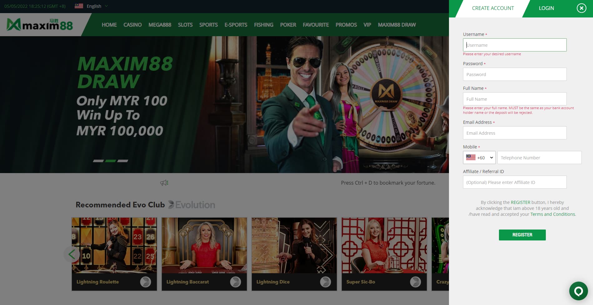maxim88 sports betting site - registration page screen