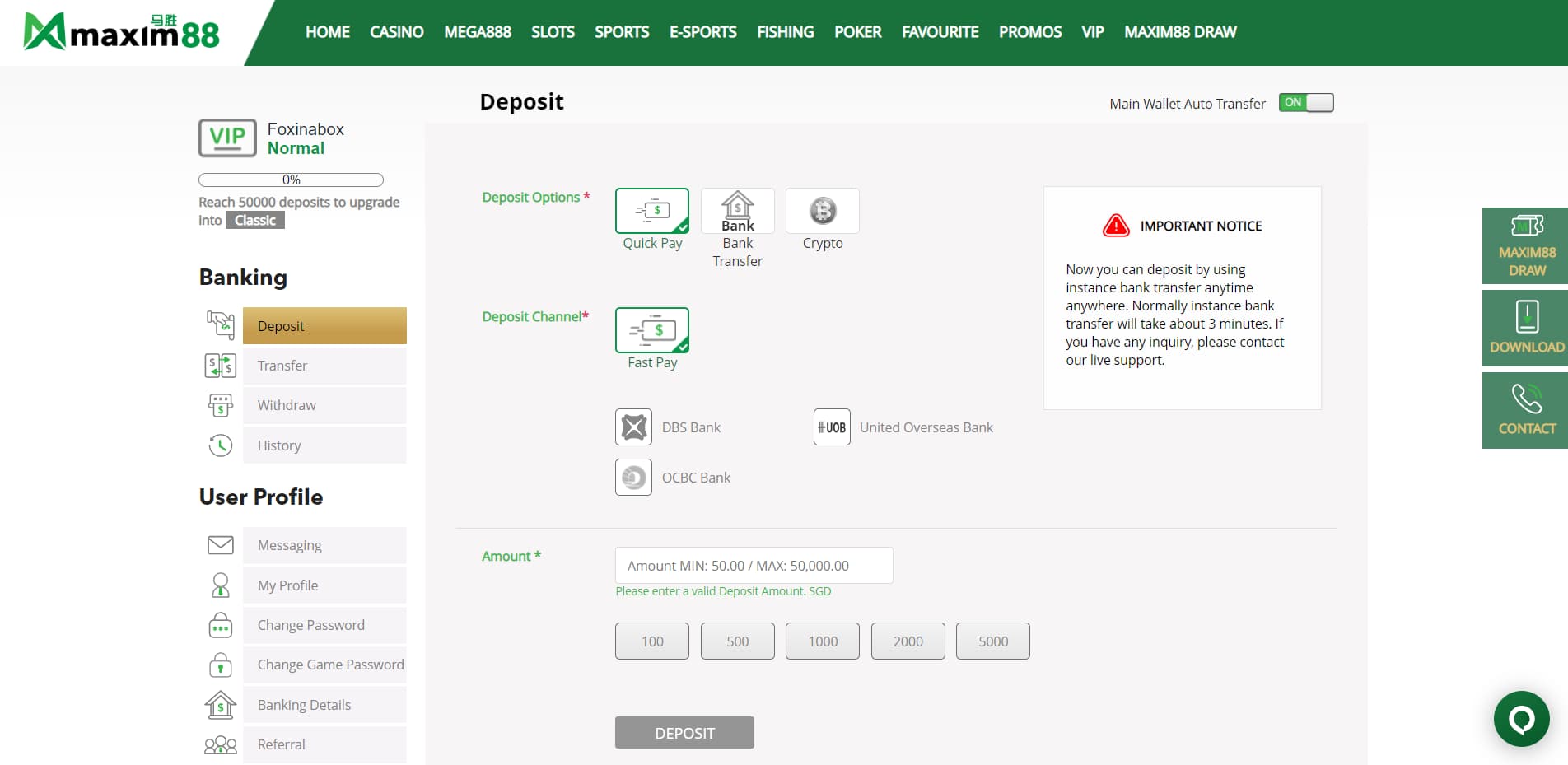 maxim88 sports betting site - deposit page screen
