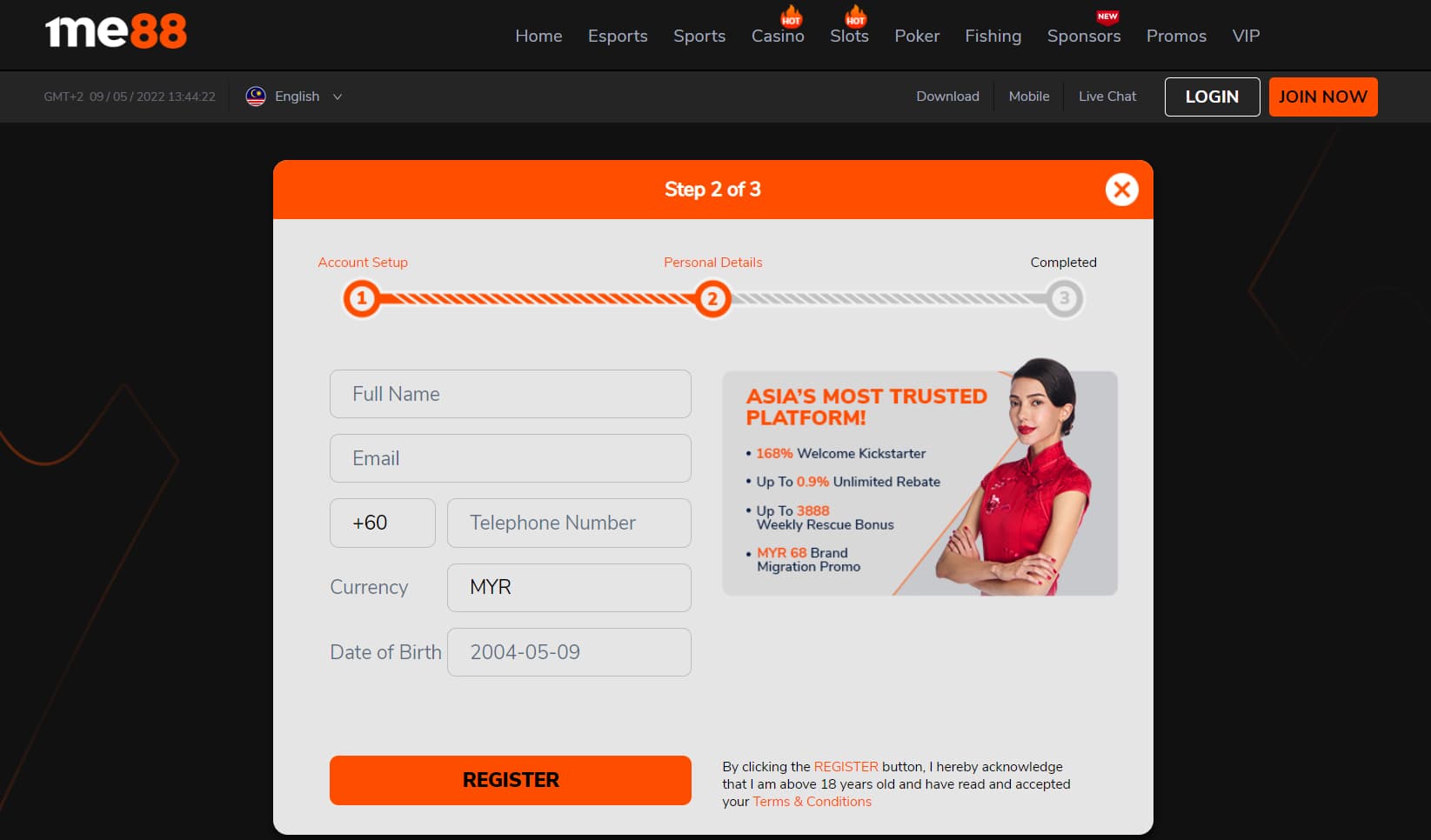 me88 sportsbook - second step registration page screen