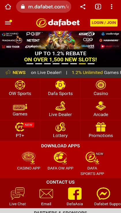 Dafabet mobile site with app download links