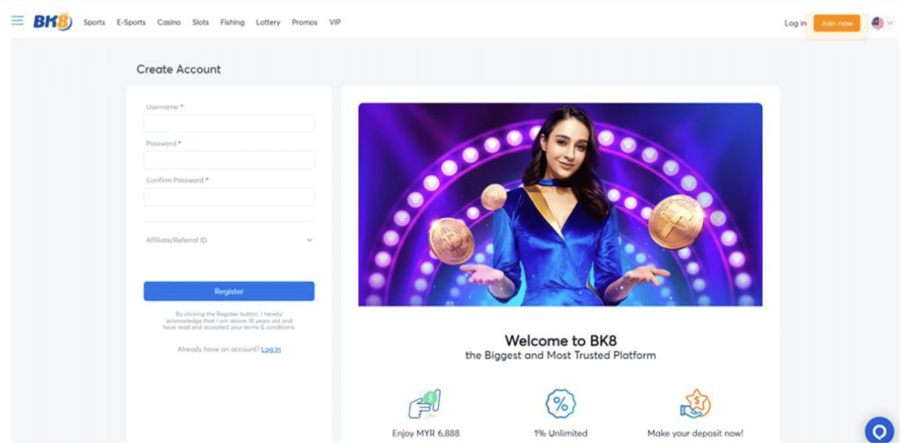 bk8 sportsbook malaysia - registration page screen